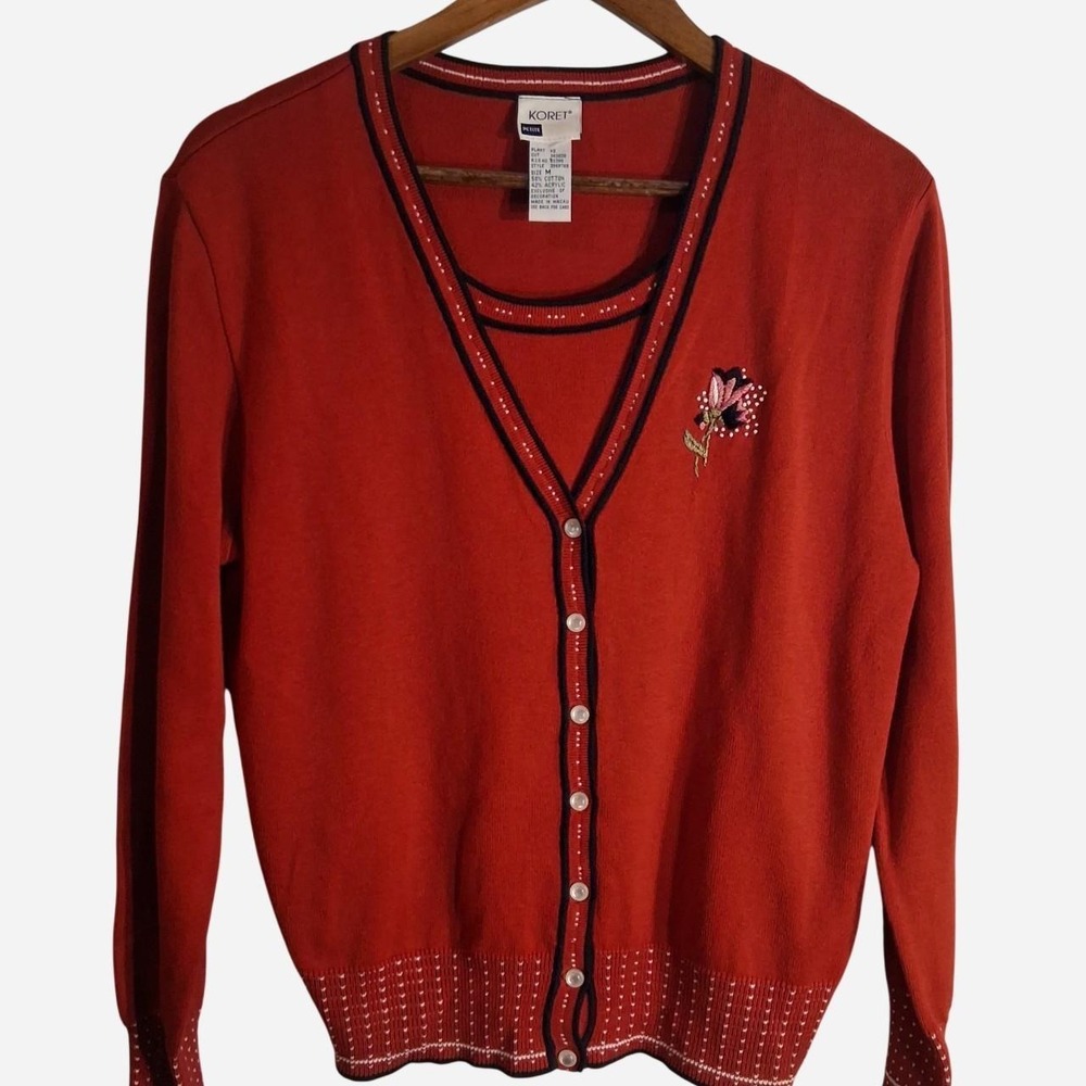 Womens Vintage Red cardigan with white polka dots on cuffs and hem